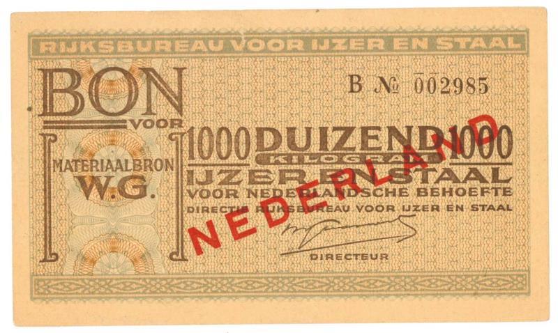 Nederland. 1000 kilogram ijzer en staal. Waardebon. Type 1941. - Prachtig.