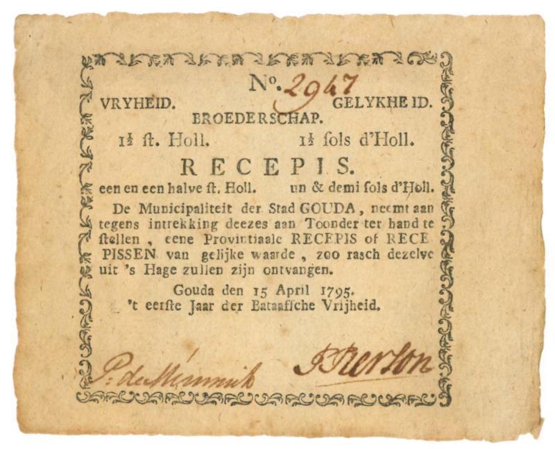 Nederland. 1½ stuiver. Recepisse. Type 1795. Gouda - Zeer Fraai.