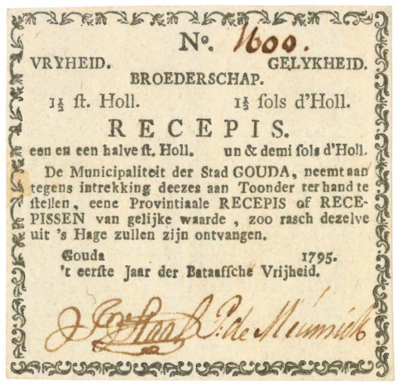 Nederland. 1½ stuiver. Recepisse. Type 1795. Gouda - Fraai / Zeer Fraai.