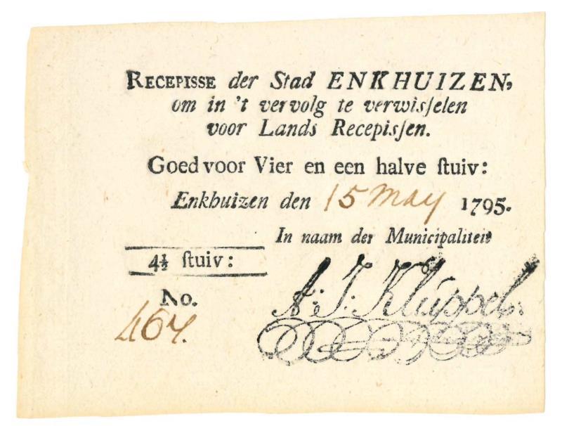 Nederland. 4½ stuiver. Recepisse. Type 1795. Enkhuizen - Zeer Fraai +.