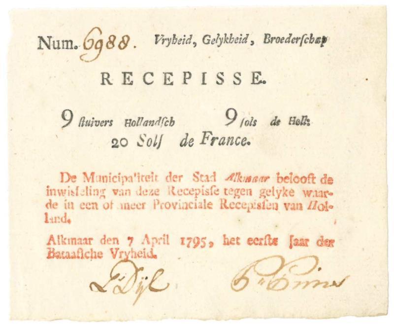 Nederland. 9 stuivers. Recepisse. Type 1795. Alkmaar - Fraai.