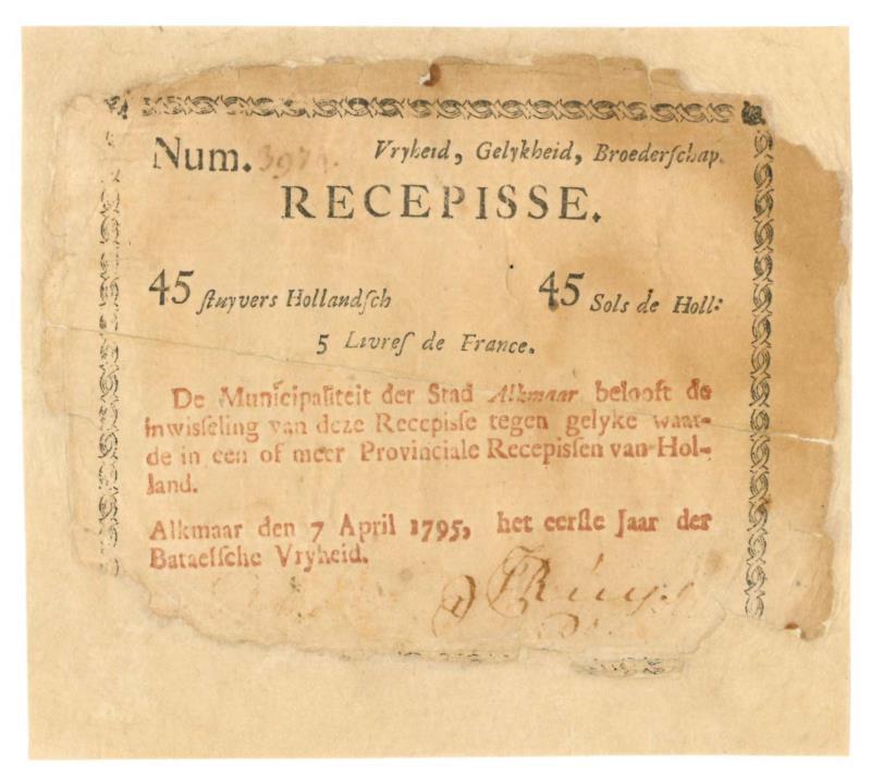 Nederland. 45 stuivers. Recepisse. Type 1795. Alkmaar - UNC.