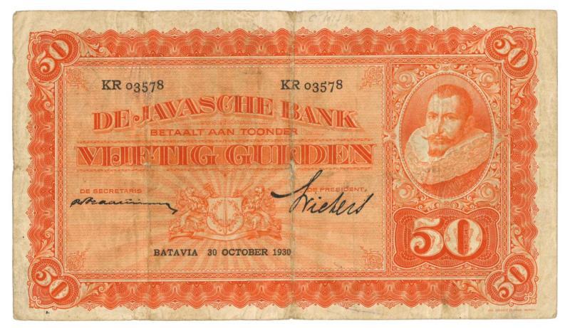 Netherlands - Indies. 50 gulden. Banknote. Type 1925. Jan Pieterszoon Coen - Fine +.