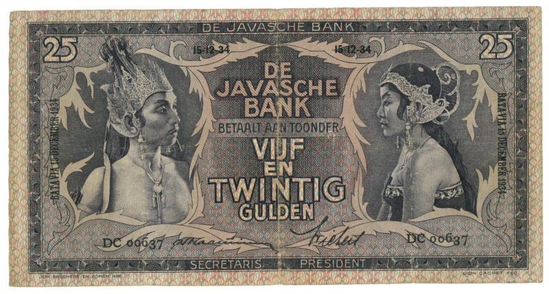 Netherlands - Indies. 25 gulden. Banknote. Type 1933. Javanese dancers - Fine +.