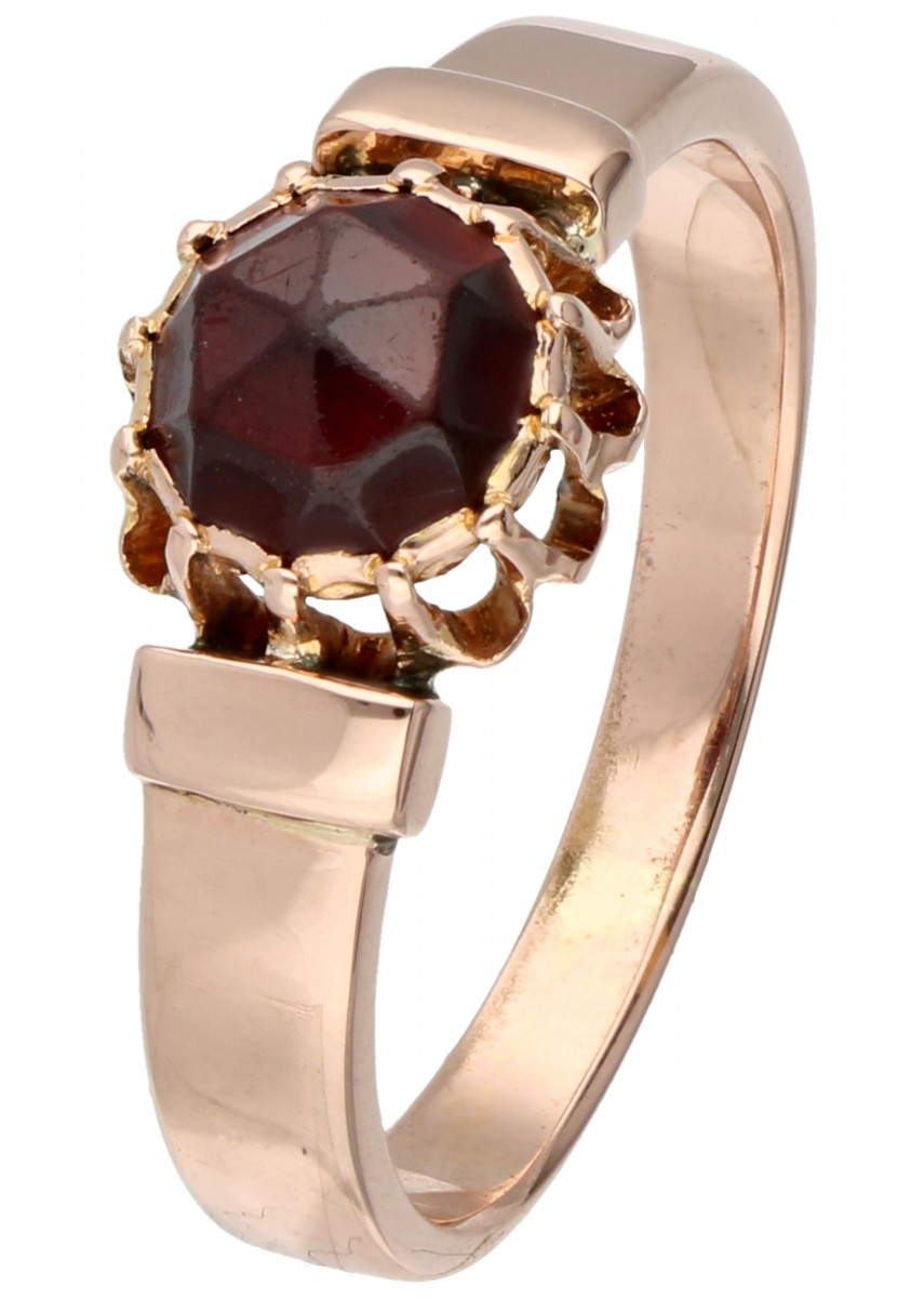 Rosegouden solitair ring, met granaat - 14 kt.