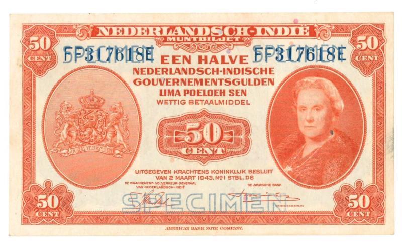 Netherlands - Indies. 50 cent. Specimen. Type 1943. - UNC.