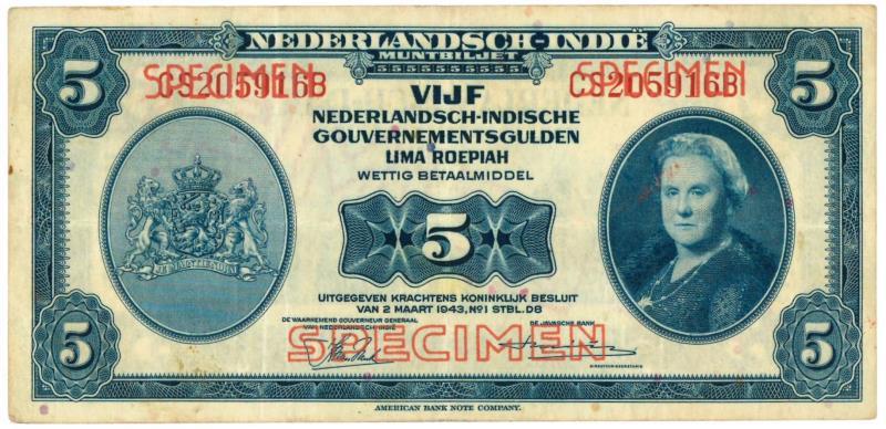 Netherlands - Indies. 5 gulden. Specimen. Type 1943. - Very Fine +.