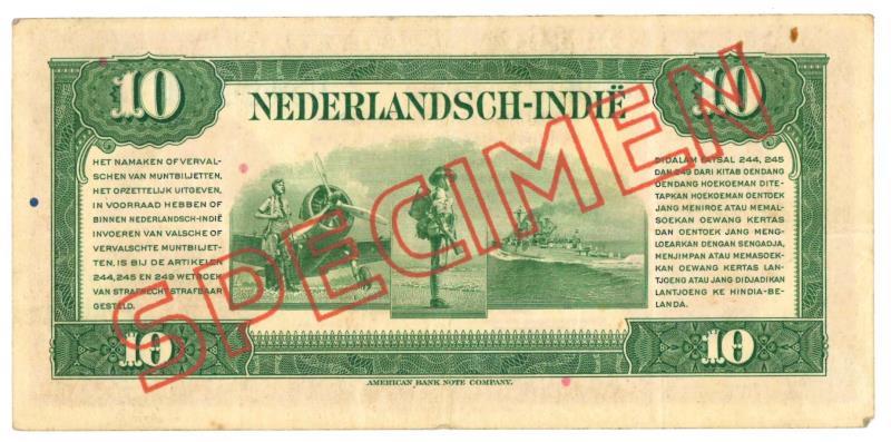 Netherlands - Indies. 10 gulden. Specimen. Type 1943. - Very Fine +.