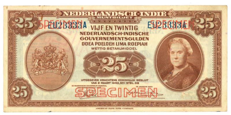 Netherlands - Indies. 25 gulden. Specimen. Type 1943. - Extremely Fine.