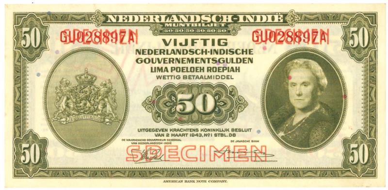 Netherlands - Indies. 50 gulden. Specimen. Type 1943. - UNC.