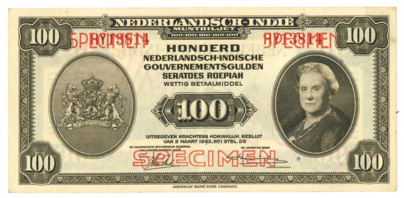 Netherlands - Indies. 100 gulden. Specimen. Type 1943. - Extremely Fine.