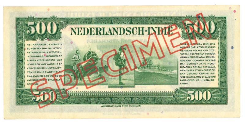 Netherlands - Indies. 500 gulden. Specimen. Type 1943. - Extremely Fine.