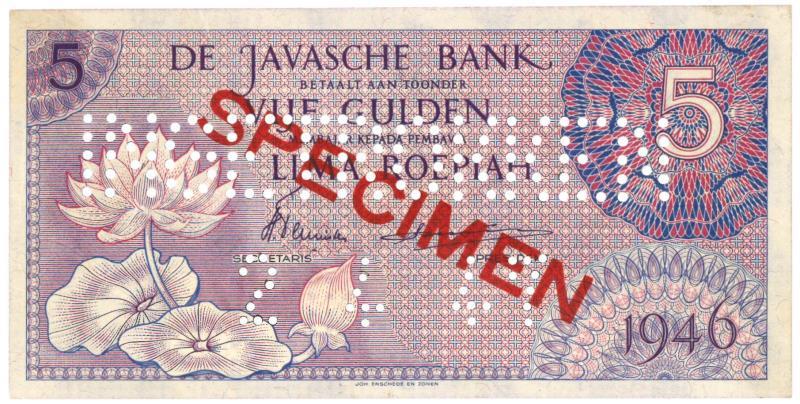 Netherlands - Indies. 5 gulden. Specimen. Type 1946. - UNC.