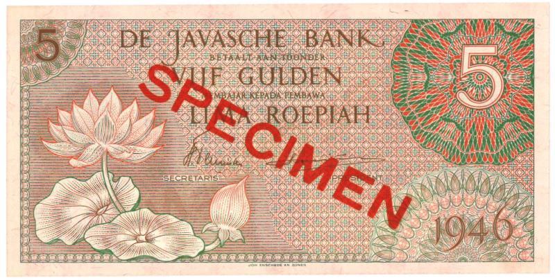 Netherlands - Indies. 5 gulden. Specimen. Type 1946. - UNC.