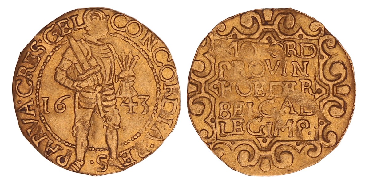 Gouden dukaat Gelderland 1643. Zeer fraai + (Gesnoeid)