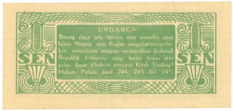 Indonesia. 1 Sen. Banknote. Type 1945. - Extremely Fine.