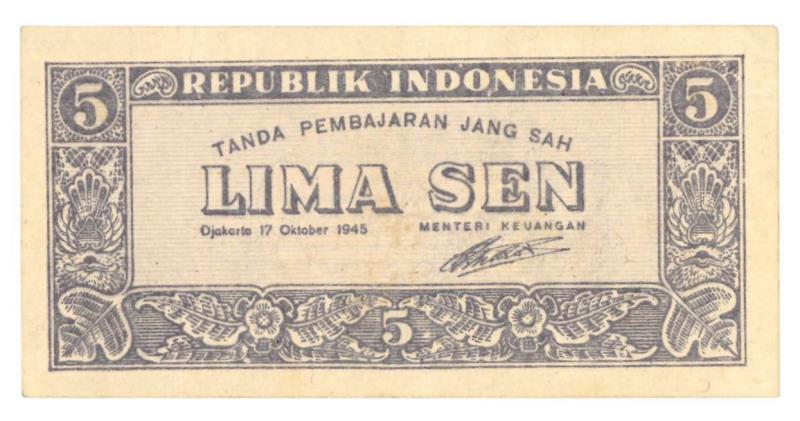 Indonesia. 5 Sen. Banknote. Type 1945. - Extremely Fine.