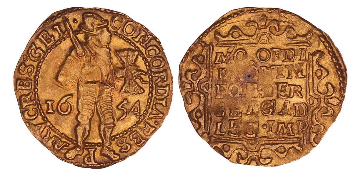Gouden dukaat Gelderland 1654. Zeer fraai.