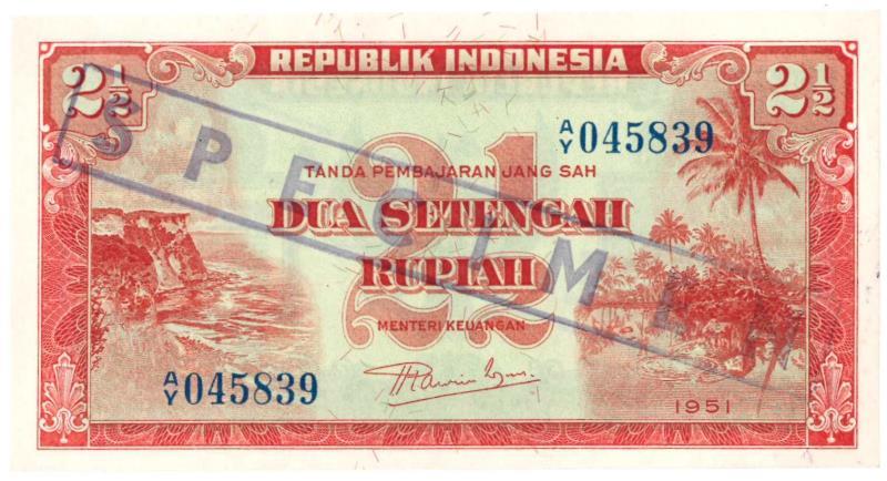 Indonesia. 2½ Rupiah. Specimen. Type 1951. - UNC.