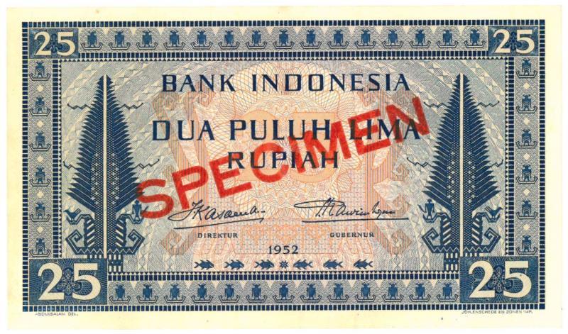 Indonesia. 25 Rupiah. Specimen. Type 1952. - UNC.