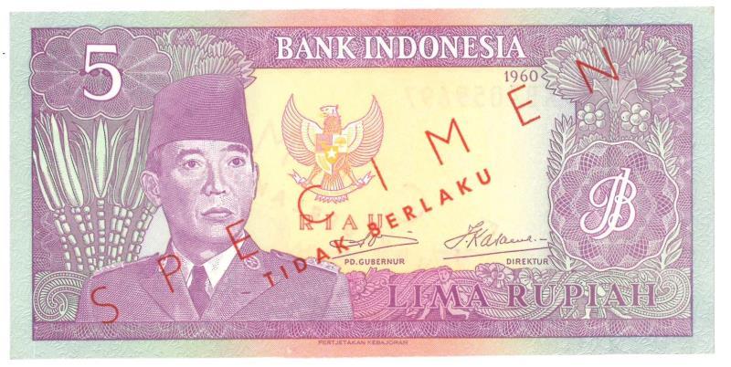 Indonesia. 5 Rupiah. Specimen. Type 1960. - UNC.