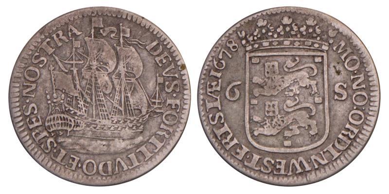 Scheepjesschelling van 6 stuiver Enkhuizen 1678. Zeer Fraai.