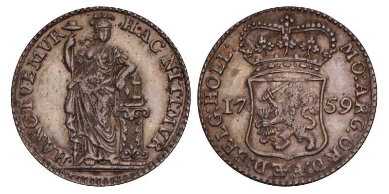 Muntmeesterpenning Holland 1759. Zeer Fraai / Prachtig.