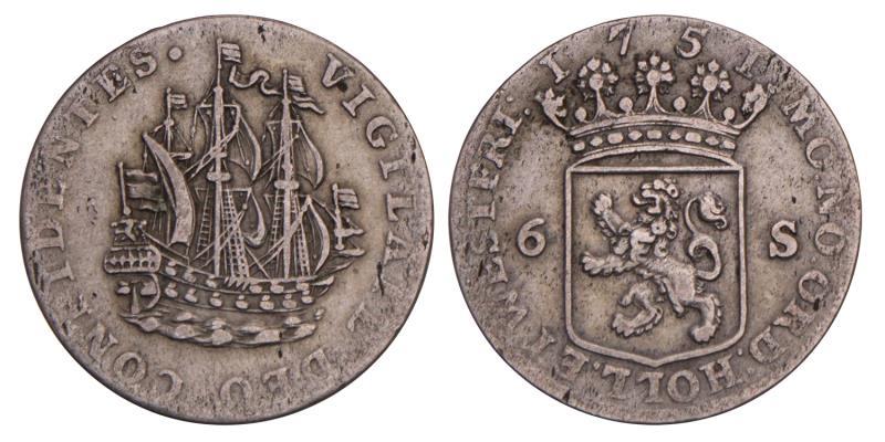 6 stuiver of Scheepjesschelling Holland 1751. Zeer Fraai -.