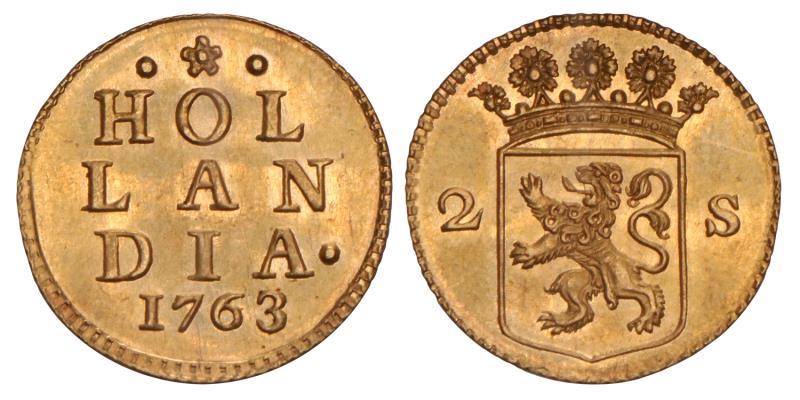 2 Stuiver afslag in goud Holland 1763. FDC.