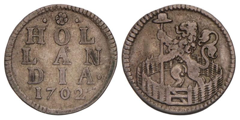 Duit (afslag in zilver) Holland 1702. Zeer Fraai +.