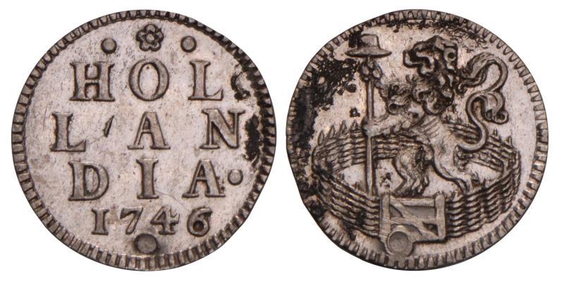 Duit afslag in zilver Holland 1746. Zeer Fraai / Prachtig (gaatje).