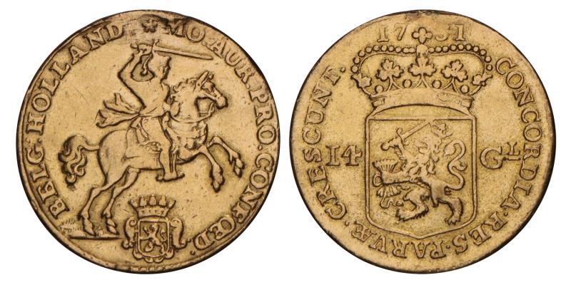 14 Gulden of gouden rijder Holland 1751. Zeer Fraai (montage).