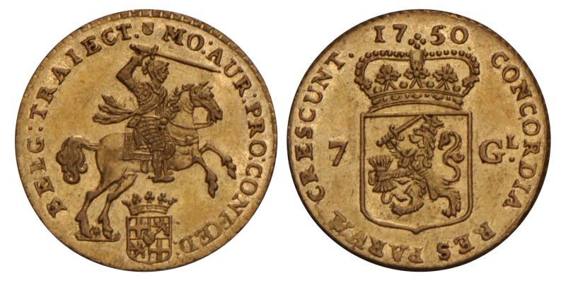 7 Gulden of halve gouden rijder Utrecht 1750. Prachtig / FDC.