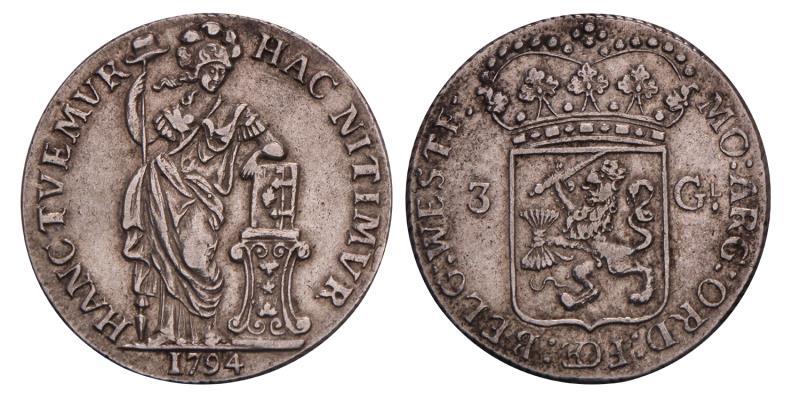 3 Gulden West-Friesland 1794. Zeer Fraai / Prachtig.