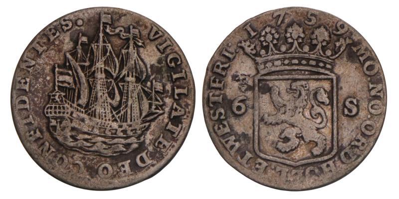 6 Stuiver of scheepjesschelling West-Friesland 1759. Zeer Fraai.