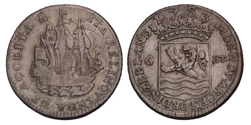 6 Stuiver of scheepjesschelling Zeeland 1753 Piedfort. Zeer Fraai +.
