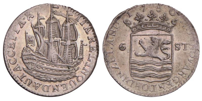 6 Stuiver of scheepjesschelling Zeeland 1780. Prachtig.