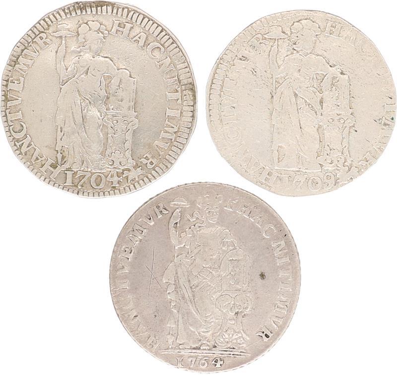 Lot (3x) 1 gulden 1704, 1709, 1764 Gelderland. Varieert tussen Fraai en Fraai / Zeer Fraai.