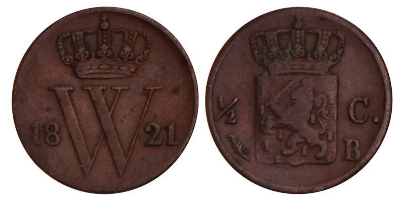 ½ Cent Willem I 1821 B. Fraai / Zeer Fraai.