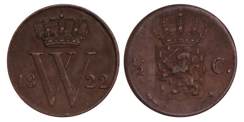 ½ Cent Willem I 1822 U. Zeer Fraai +.