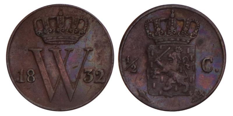 ½ Cent Willem I 1832. Zeer Fraai / Prachtig.