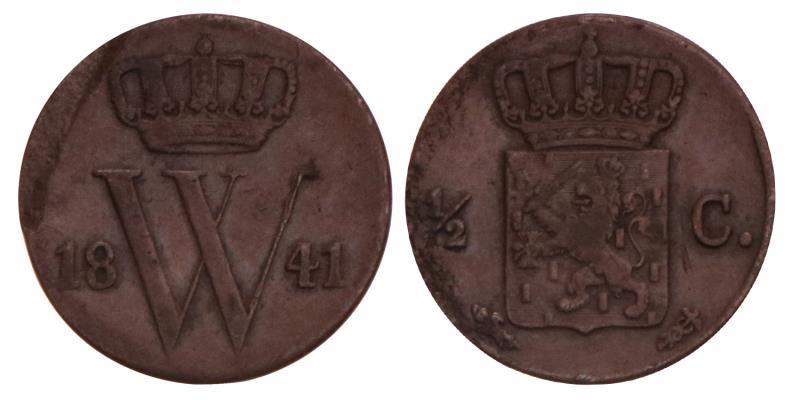 ½ Cent Willem II 1841. Zeer Fraai.