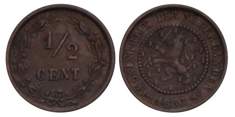 ½ Cent Willem III 1886. Fraai / Prachtig.