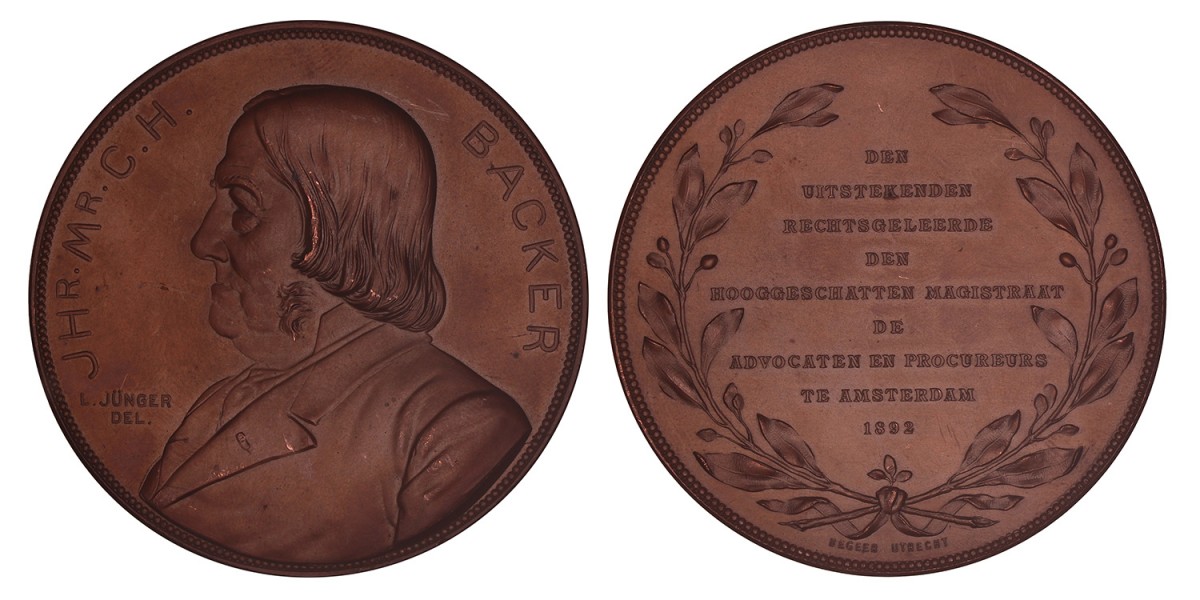 1892. Nederland. Amsterdam. Penning ter ere van C.H. Backer, president van de Rechtbank van Amsterdam.