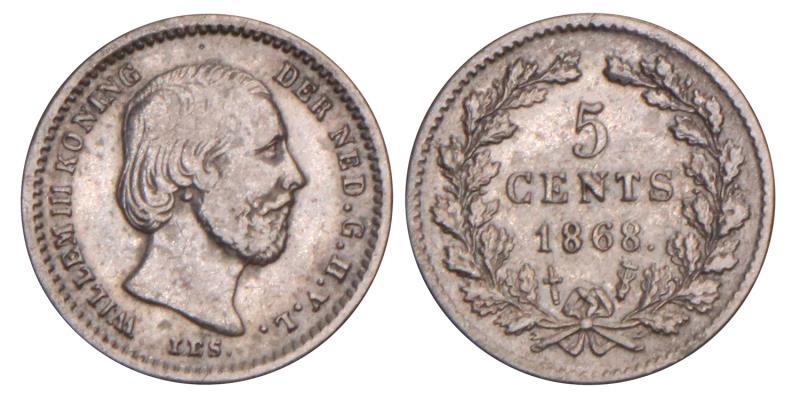 5 Cent Willem III 1868. Fraai +.