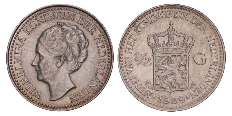 ½ Gulden Wilhelmina 1929-B parels recht onder G. FDC.