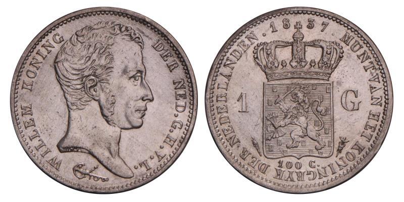 1 Gulden Willem I 1837. Prachtig +.