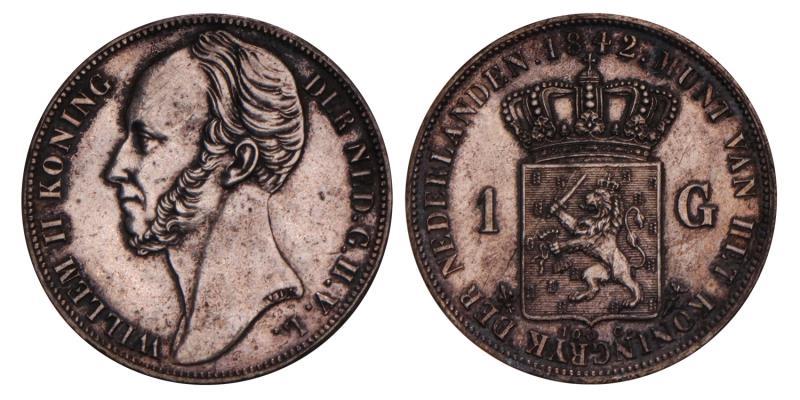 1 Gulden Willem II 1842 Lang borstbeeld. Prachtig +.