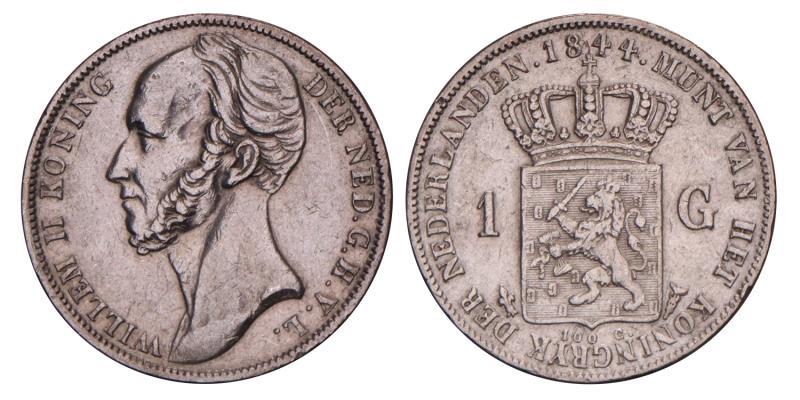 1 Gulden Willem II 1844. Zeer Fraai / Prachtig.