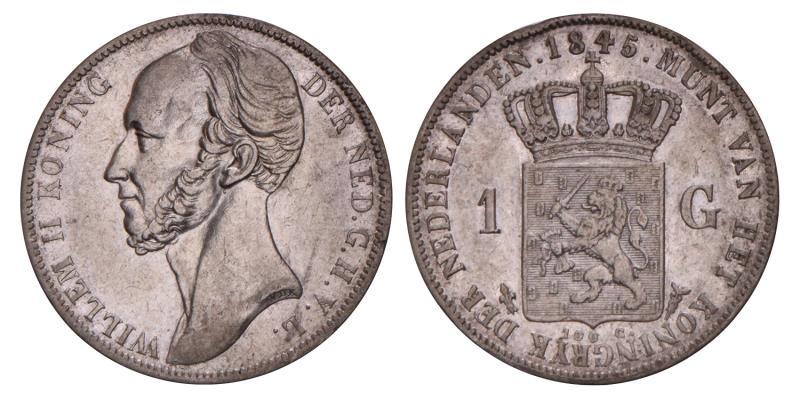 1 Gulden Willem II 1845. Fraai / Zeer Fraai.